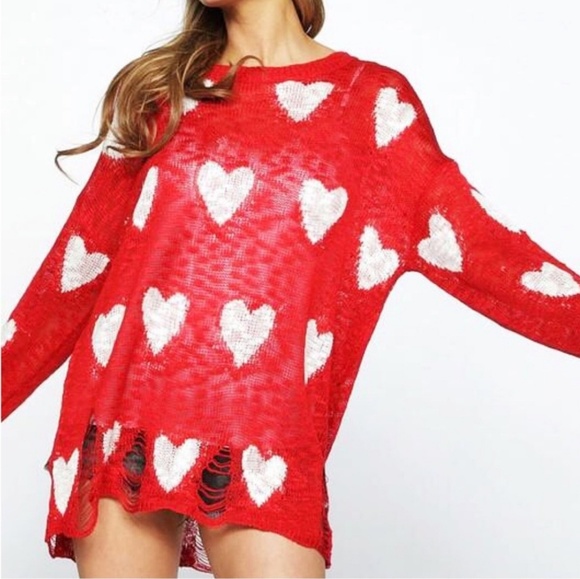 Sweaters - Distressed Red & White hearts Sweater
